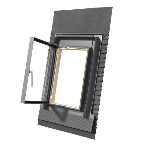 Окно-выход на крышу для неотапл. помещений дерево, лак ручка снизу Rooflite+ FE K300U с окладом, гидроизоляцией и ограничителем 45*73см